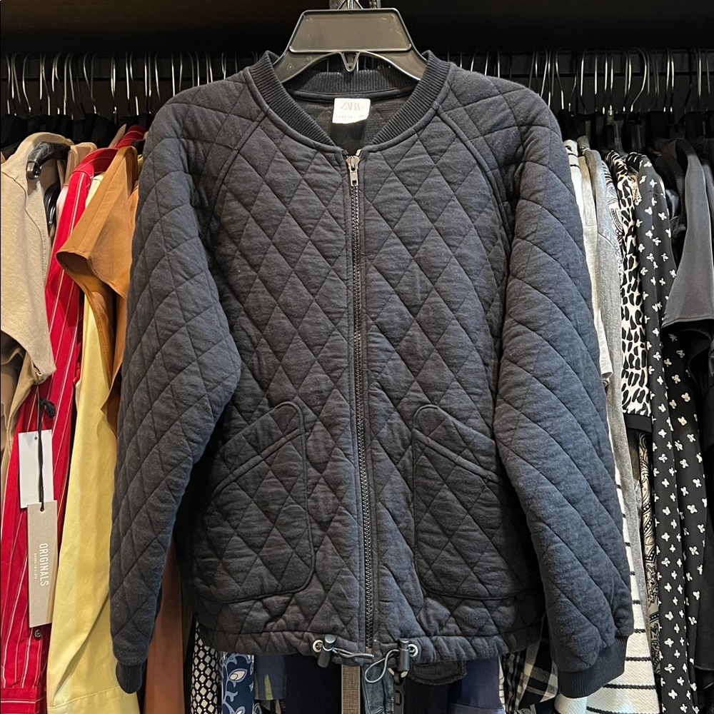Girls Zara Black Quilted Zip Front Jacket Adj Toggle At Bottom Black Sz 11-12